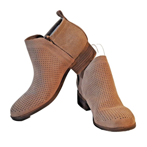 Toms Shoes - TOMS Deia Taupe Perforated Suede Canvas Ankle Booties Womens 7.5 Zip Block Heel